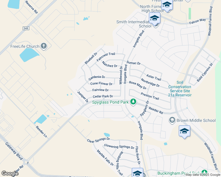 map of restaurants, bars, coffee shops, grocery stores, and more near 2013 Fairview Drive in Forney