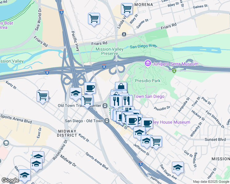 map of restaurants, bars, coffee shops, grocery stores, and more near 4105 Taylor Street in San Diego