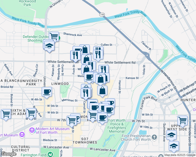 map of restaurants, bars, coffee shops, grocery stores, and more near 2601 Weisenberger Street in Fort Worth