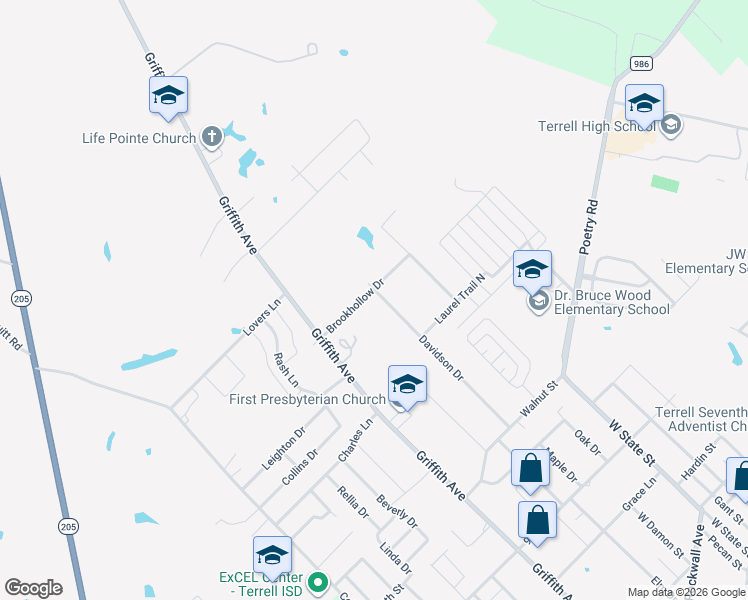 map of restaurants, bars, coffee shops, grocery stores, and more near 116 Brookhollow Drive in Terrell