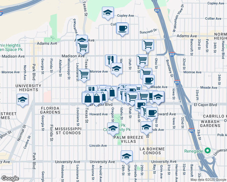 map of restaurants, bars, coffee shops, grocery stores, and more near 4375 Oregon Street in San Diego