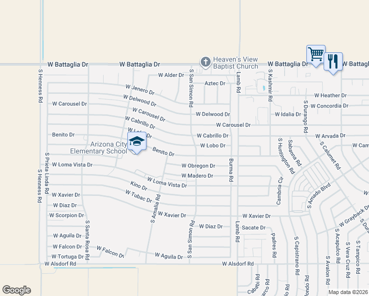 map of restaurants, bars, coffee shops, grocery stores, and more near 11679 West Lobo Drive in Arizona City
