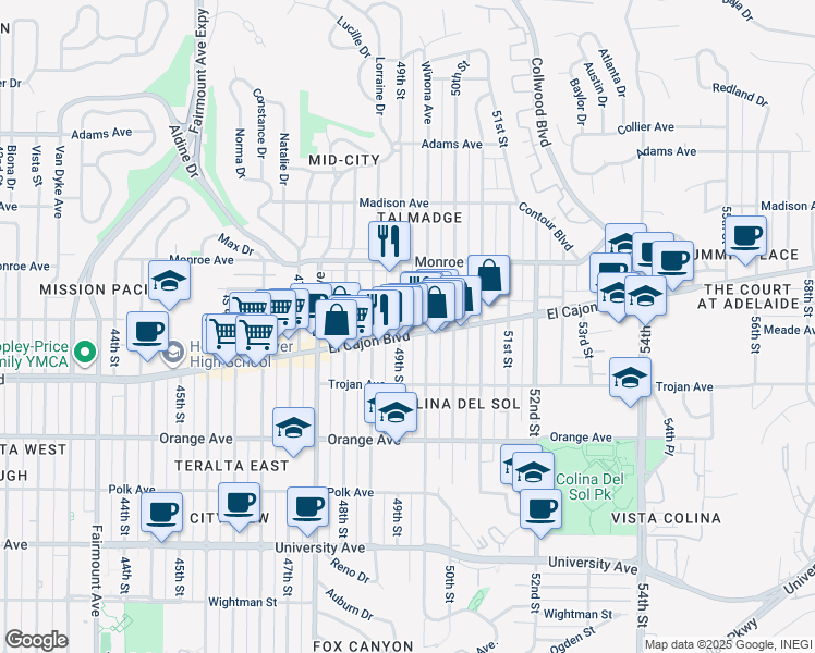 map of restaurants, bars, coffee shops, grocery stores, and more near 4904 El Cajon Boulevard in San Diego
