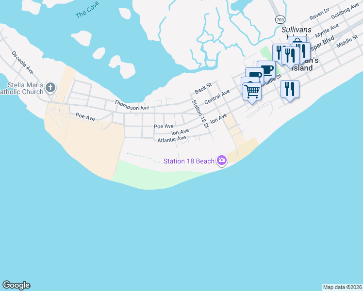 map of restaurants, bars, coffee shops, grocery stores, and more near 1735 Atlantic Avenue in Sullivan's Island