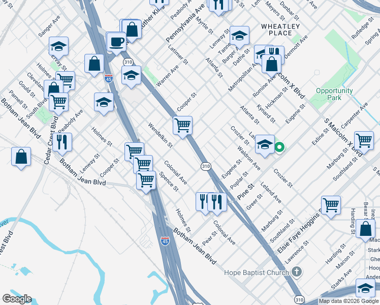 map of restaurants, bars, coffee shops, grocery stores, and more near 3735 South Central Expressway in Dallas