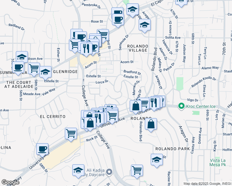 map of restaurants, bars, coffee shops, grocery stores, and more near 6270 Lorca Drive in San Diego
