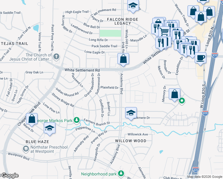 map of restaurants, bars, coffee shops, grocery stores, and more near 9919 Plainfield Drive in Fort Worth