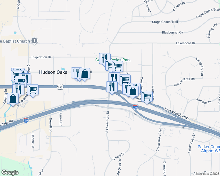 map of restaurants, bars, coffee shops, grocery stores, and more near 100 Hudson Oaks Drive in Hudson Oaks