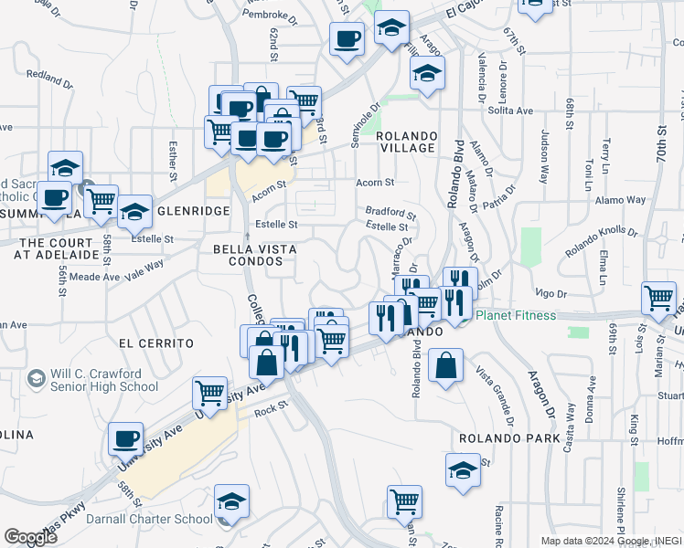 map of restaurants, bars, coffee shops, grocery stores, and more near 6283 Lorca Drive in San Diego
