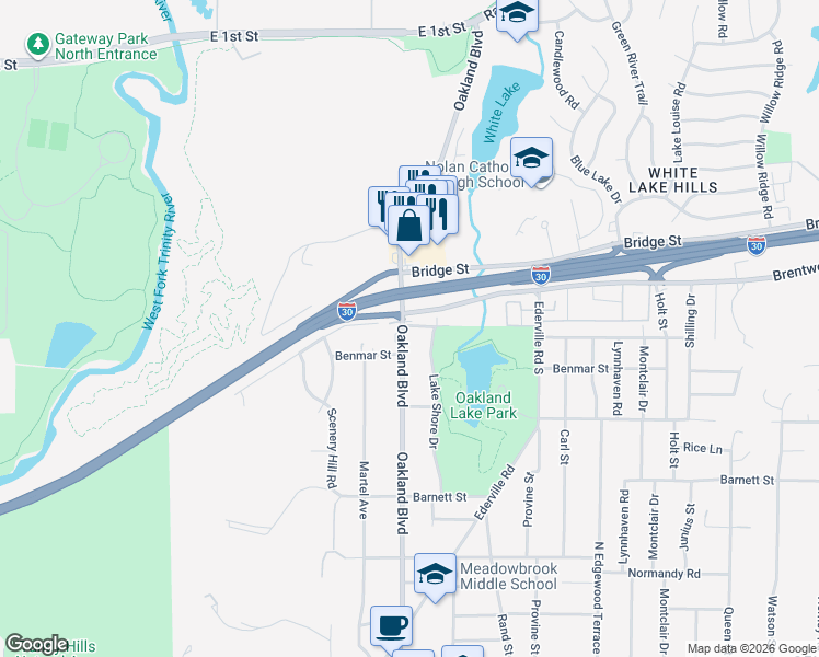 map of restaurants, bars, coffee shops, grocery stores, and more near 1508 Menzer Road in Fort Worth