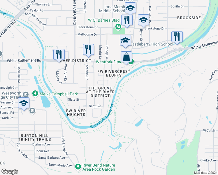 map of restaurants, bars, coffee shops, grocery stores, and more near 233 Clementine Court in Fort Worth