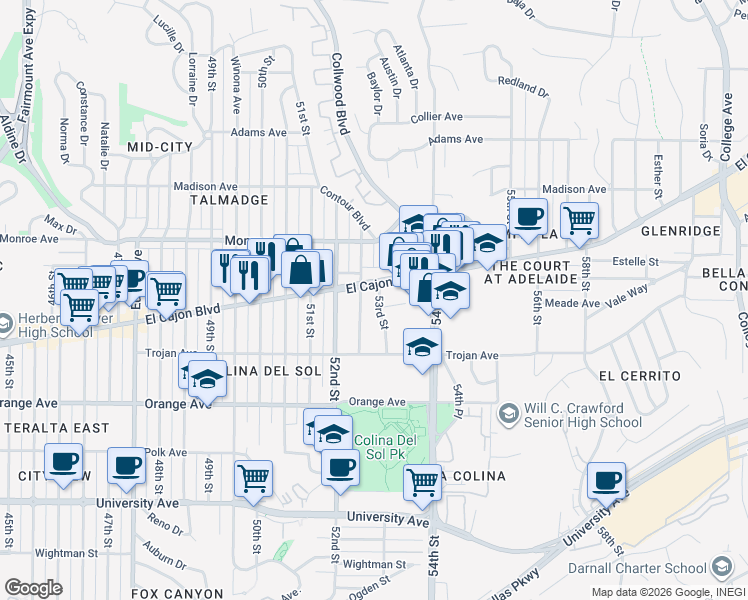 map of restaurants, bars, coffee shops, grocery stores, and more near 5 Dawson Avenue in San Diego