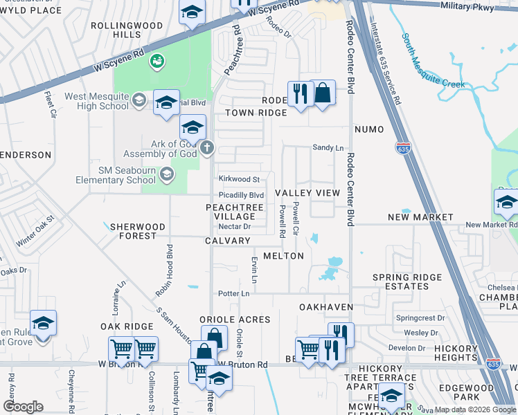 map of restaurants, bars, coffee shops, grocery stores, and more near 2009 Norcross Drive in Mesquite
