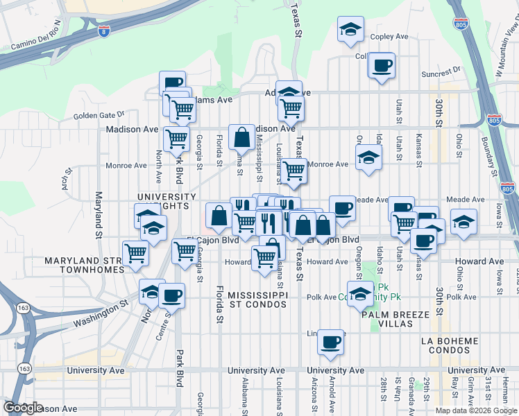 map of restaurants, bars, coffee shops, grocery stores, and more near 4376 Mississippi Street in San Diego