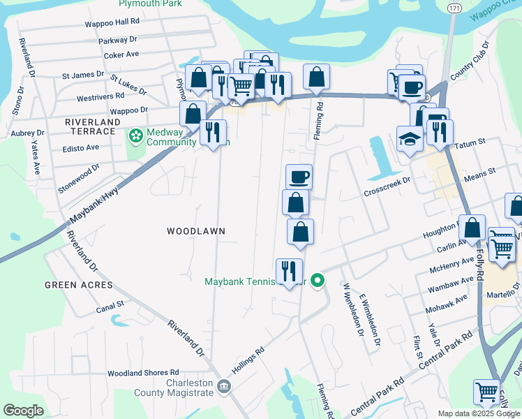 map of restaurants, bars, coffee shops, grocery stores, and more near 301 Stefan Drive in Charleston
