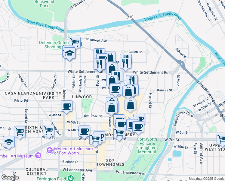 map of restaurants, bars, coffee shops, grocery stores, and more near 251 Carroll Street in Fort Worth