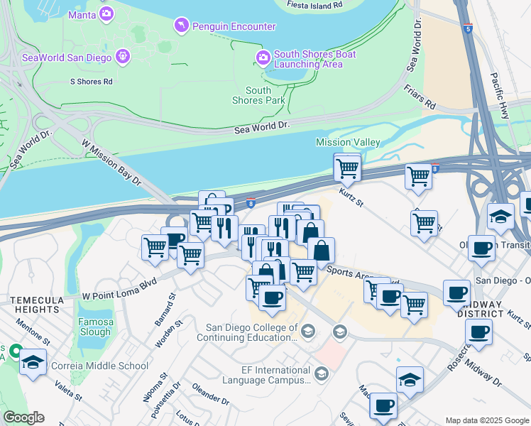 map of restaurants, bars, coffee shops, grocery stores, and more near 3477 Channel Way in San Diego