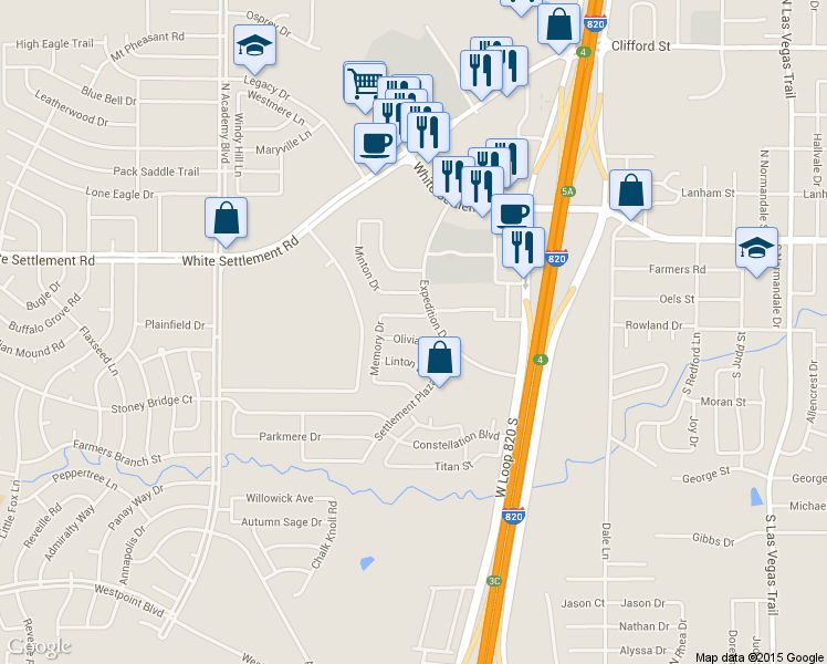 map of restaurants, bars, coffee shops, grocery stores, and more near 9632 Olivia Dr in Fort Worth