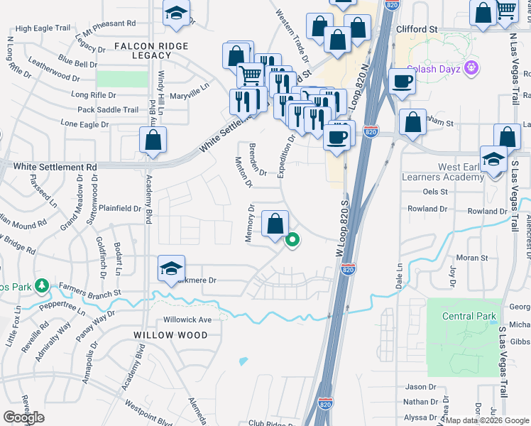 map of restaurants, bars, coffee shops, grocery stores, and more near 9632 Olivia Drive in Fort Worth