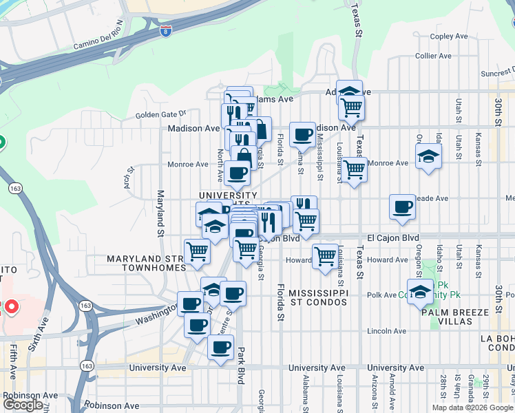 map of restaurants, bars, coffee shops, grocery stores, and more near 4378 Georgia Street in San Diego