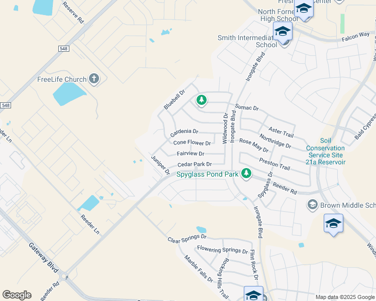 map of restaurants, bars, coffee shops, grocery stores, and more near 2029 Fairview Drive in Forney