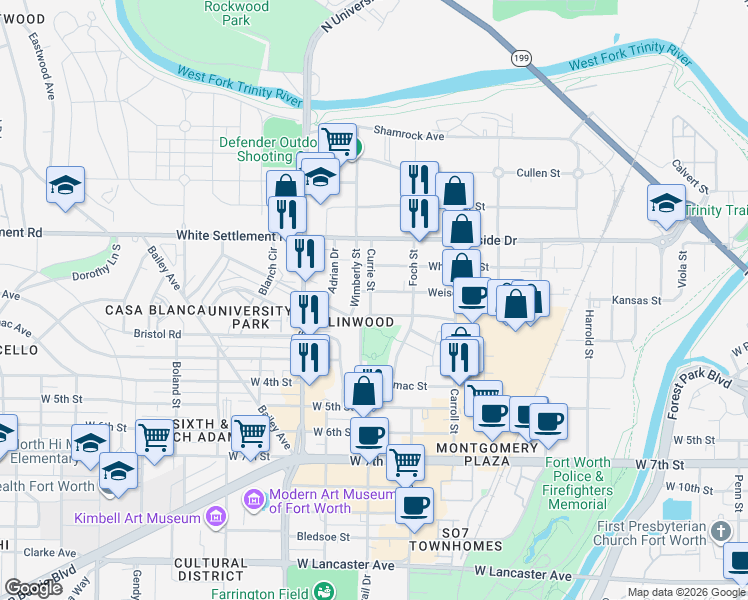 map of restaurants, bars, coffee shops, grocery stores, and more near 259 Currie Street in Fort Worth