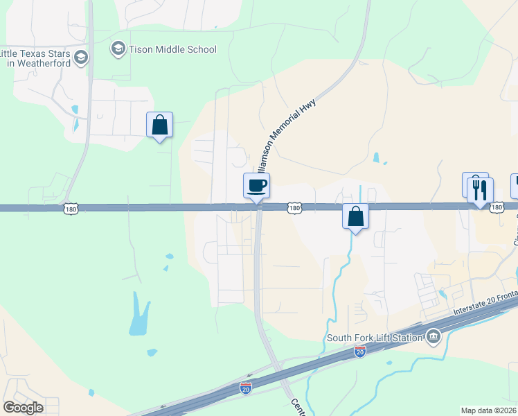 map of restaurants, bars, coffee shops, grocery stores, and more near 2305 Fort Worth Highway in Weatherford