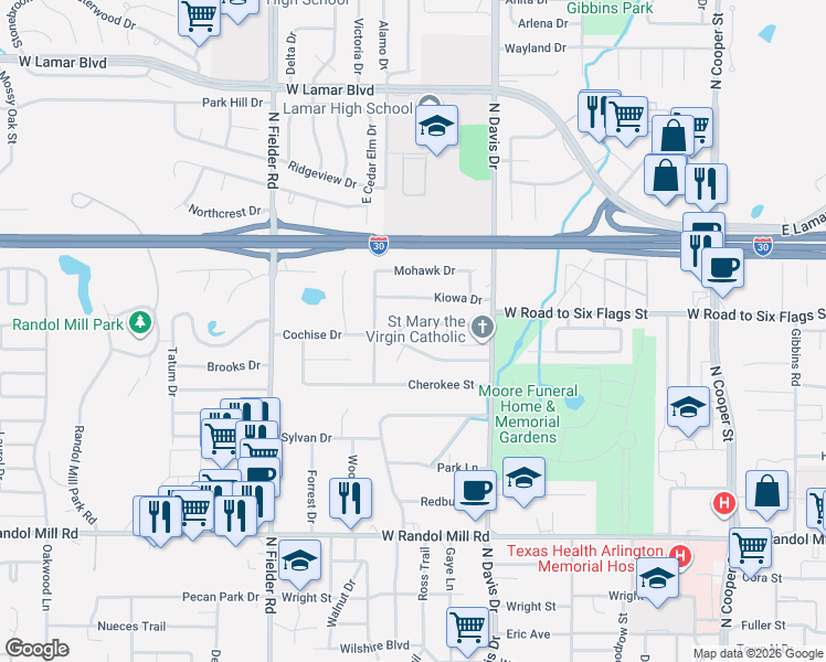 map of restaurants, bars, coffee shops, grocery stores, and more near 1408 Navaho Street in Arlington