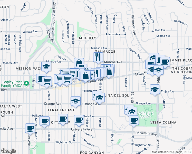 map of restaurants, bars, coffee shops, grocery stores, and more near 4421 Estrella Avenue in San Diego