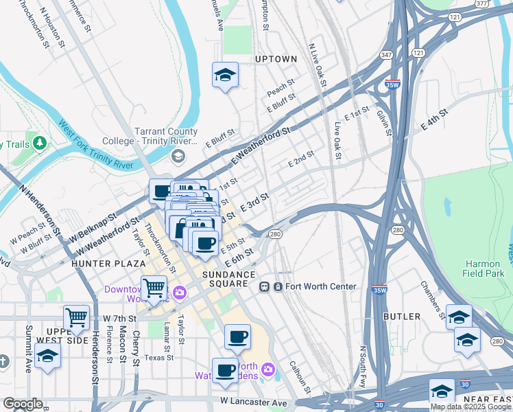 map of restaurants, bars, coffee shops, grocery stores, and more near 615 East 4th Street in Fort Worth