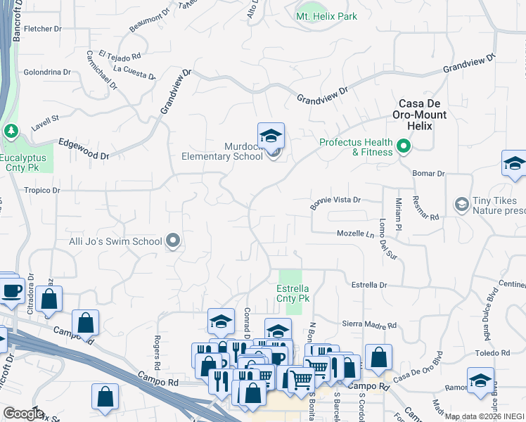 map of restaurants, bars, coffee shops, grocery stores, and more near 9796 Raspberry Ice Lane in La Mesa