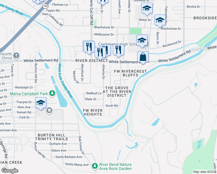 map of restaurants, bars, coffee shops, grocery stores, and more near 243 Athenia Drive in Fort Worth