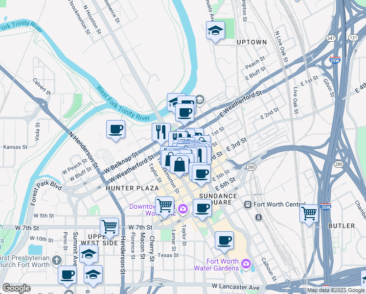 map of restaurants, bars, coffee shops, grocery stores, and more near 100 East Weatherford Street in Fort Worth