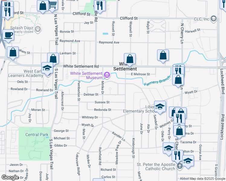 map of restaurants, bars, coffee shops, grocery stores, and more near 7 Delmar Court in White Settlement
