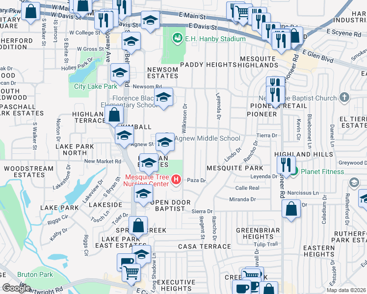 map of restaurants, bars, coffee shops, grocery stores, and more near 999 Wilkinson Drive in Mesquite