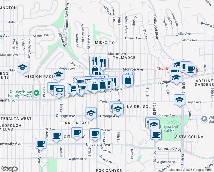 map of restaurants, bars, coffee shops, grocery stores, and more near 4421 48th Street in San Diego