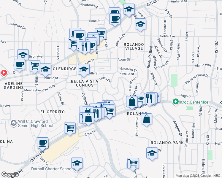 map of restaurants, bars, coffee shops, grocery stores, and more near 6270 Lorca Drive in San Diego
