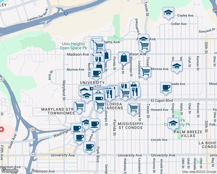 map of restaurants, bars, coffee shops, grocery stores, and more near 1947 Meade Avenue in San Diego