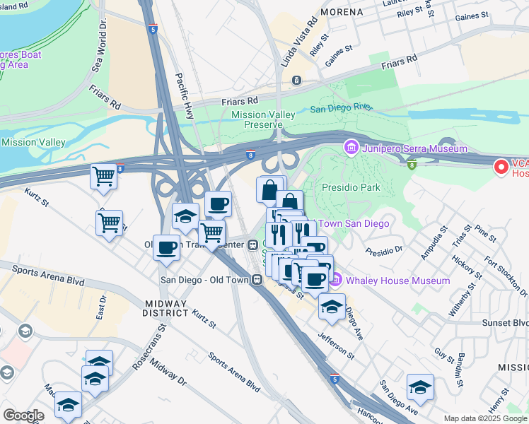 map of restaurants, bars, coffee shops, grocery stores, and more near 4050 Taylor Street in San Diego