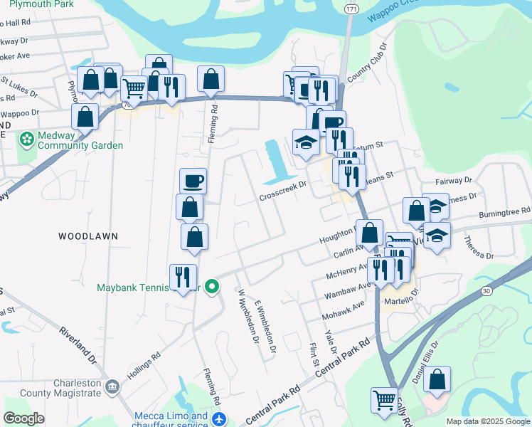 map of restaurants, bars, coffee shops, grocery stores, and more near 7 Hill Creek Boulevard in Charleston