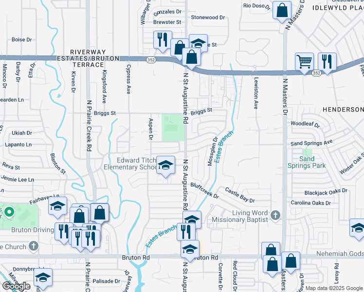 map of restaurants, bars, coffee shops, grocery stores, and more near 9579 Belinda Lane in Dallas