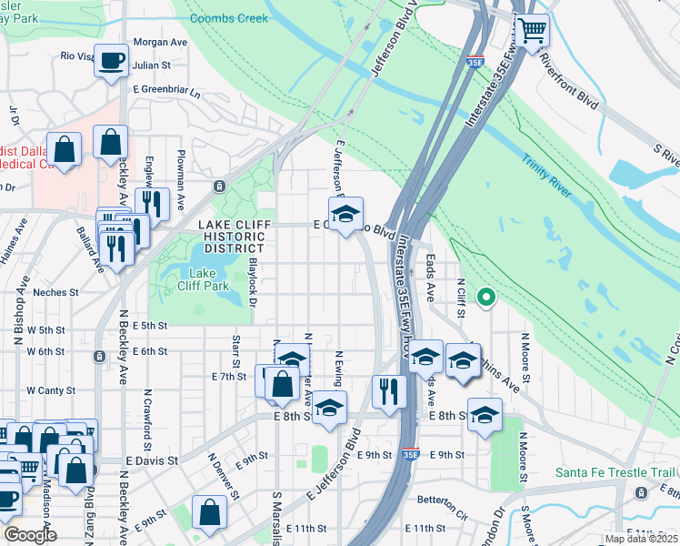 map of restaurants, bars, coffee shops, grocery stores, and more near 727 North Ewing Avenue in Dallas