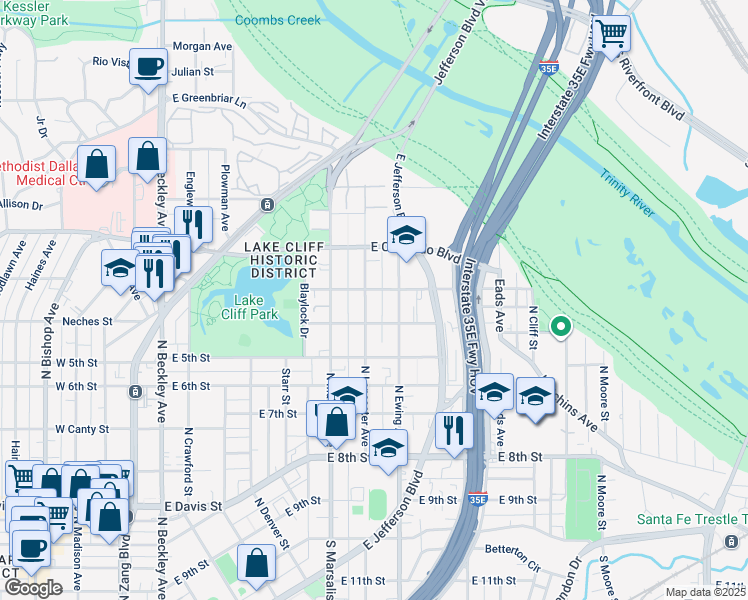 map of restaurants, bars, coffee shops, grocery stores, and more near 727 North Lancaster Avenue in Dallas
