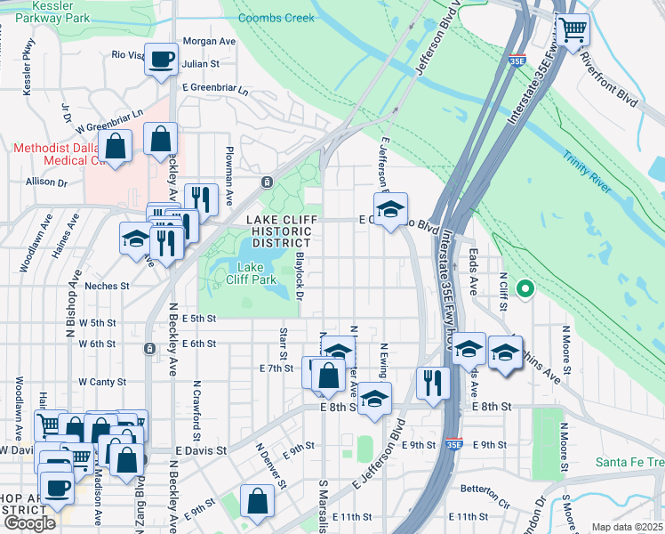 map of restaurants, bars, coffee shops, grocery stores, and more near 727 North Lancaster Avenue in Dallas