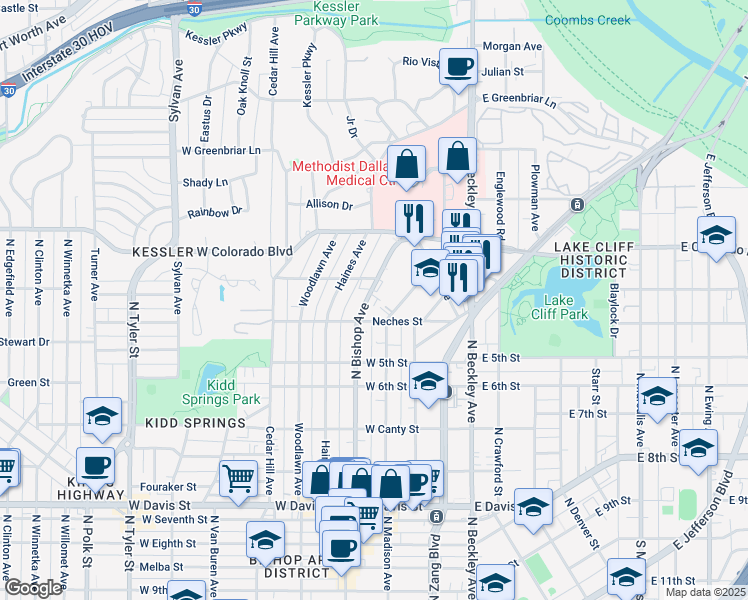 map of restaurants, bars, coffee shops, grocery stores, and more near 1119 North Madison Avenue in Dallas