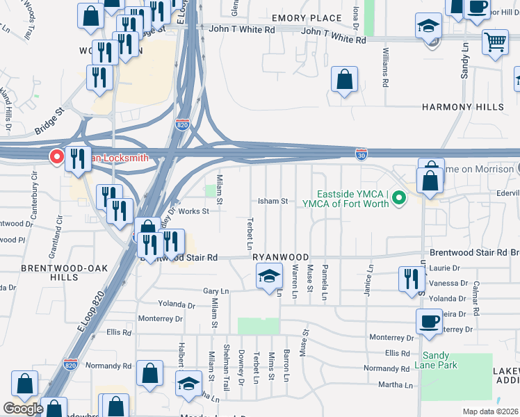 map of restaurants, bars, coffee shops, grocery stores, and more near 1501 Terbet Lane in Fort Worth