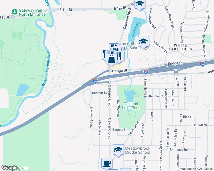 map of restaurants, bars, coffee shops, grocery stores, and more near 1508 Menzer Road in Fort Worth