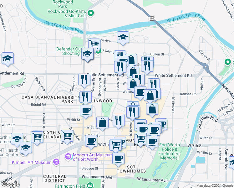 map of restaurants, bars, coffee shops, grocery stores, and more near 2729 Weisenberger Street in Fort Worth