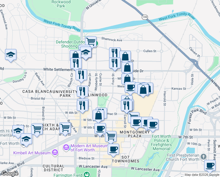 map of restaurants, bars, coffee shops, grocery stores, and more near 2825 Weisenberger Street in Fort Worth