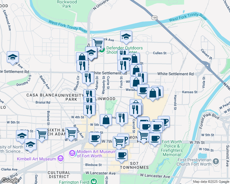 map of restaurants, bars, coffee shops, grocery stores, and more near 2825 Weisenberger Street in Fort Worth